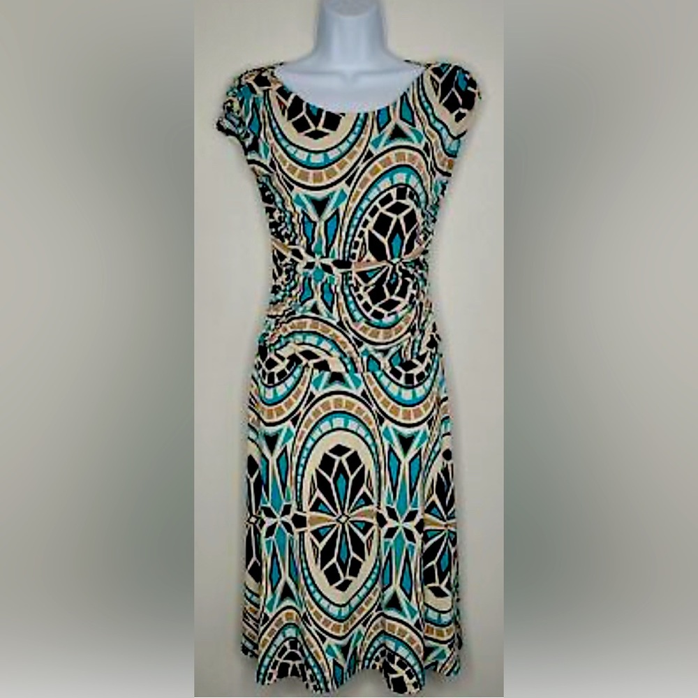 Enfocus Studio Blue, Black, White & Tan Geometric Print Midi Dress - Size 6